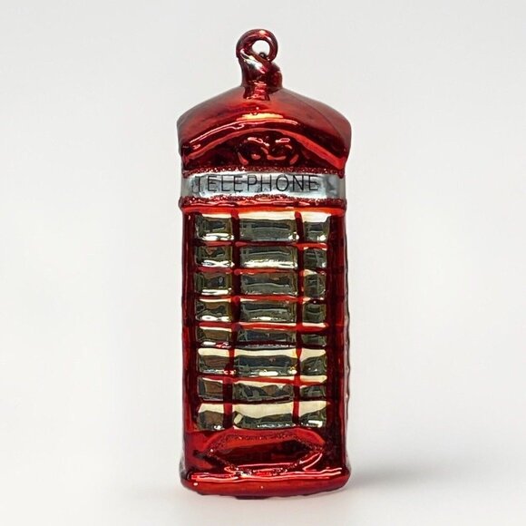 Pottery Barn Red Telephone Booth Glass Christmas Ornament 5”H x 2”W British Gold - Picture 1 of 10